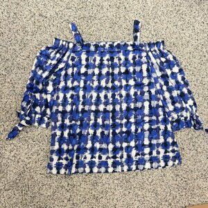 Tyler Boe Blouse Womens Large Off the Shoulder Blue White Geometric Top Preppy